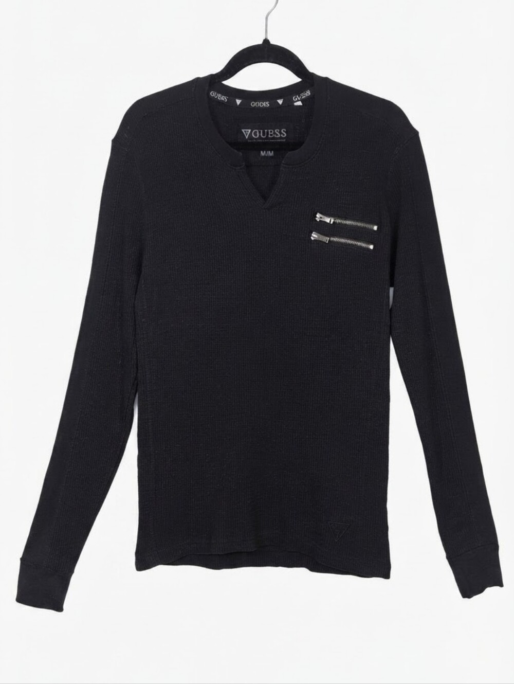 GUESS Mens Thermal Knit Crewneck Sweater Black Long Sleeve Size Medium Zippers